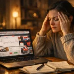 Femme fatiguée devant un ordinateur avec de nombreux onglets ouverts, illustrant la difficulté de comparer les prix en ligne sans y passer la soirée