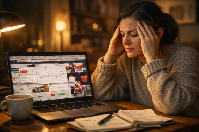 Femme fatiguée devant un ordinateur avec de nombreux onglets ouverts, illustrant la difficulté de comparer les prix en ligne sans y passer la soirée